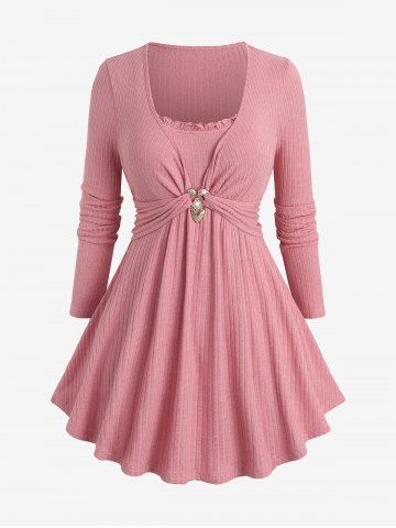 Plus Size Rhinestones Heart Buckle Ruffles Ruched Ribbed Textured Top - LIGHT PINK - M | US 10