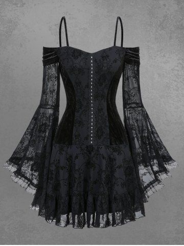 Gothic Flare Sleeve Cold Shoulder Floral Lace Mesh Flocking Velvet Patchwork Ruched A Line Cami Dress - BLACK - L