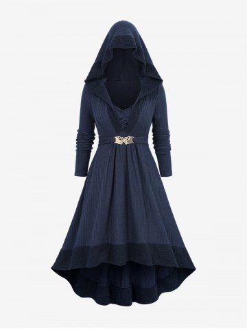 Plus Size Butterfly Buckle Ruffles Ruched Teddy Trim Ribbed Textured Hooded Dress - DEEP BLUE - L | US 12