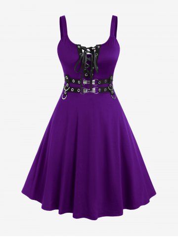 Plus Size Lace Up Grommets Fit and Flare Dress - PURPLE - L | US 12