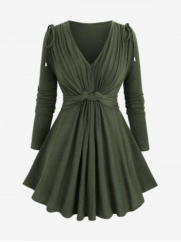 Plus Size Twisted Cinched Ruched Solid Color Sweater - DEEP GREEN - L | US 12