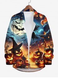Plus Size Halloween Pumpkin Bat Moon Wizard Galaxy Print Buttons Long Sleeve Shirt For Men -  