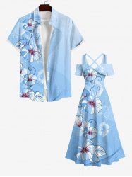 Morning Glory Flower Curve Line Print Plus Size Matching Hawaii Beach Outfit For Couples -  