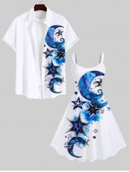 Tenue de Plage pour Couples en Dégradé de Couleurs à Imprimé Etoiles et Lune Grande-Taille - Blanc 