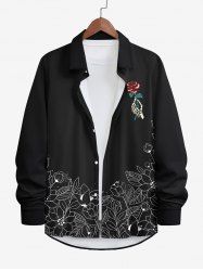 Plus Size Skeleton Hand Rose Flower Leaf Print Halloween Button Shirt For Men -  