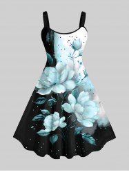 Plus Size Flower Dots Colorblock Print Hawaii Ombre A Line Tank Dress -  