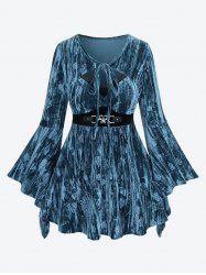 Plus Size Embossed Frilled Flare Sleeves Cut Out Panel Tied Belted Velvet T-shirt -  
