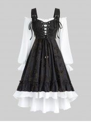 Plus Size Floral Flocking Ruffles Lace Up Poet Sleeves Cold Shoulder High Low Dress - Noir 2X | US 18-20