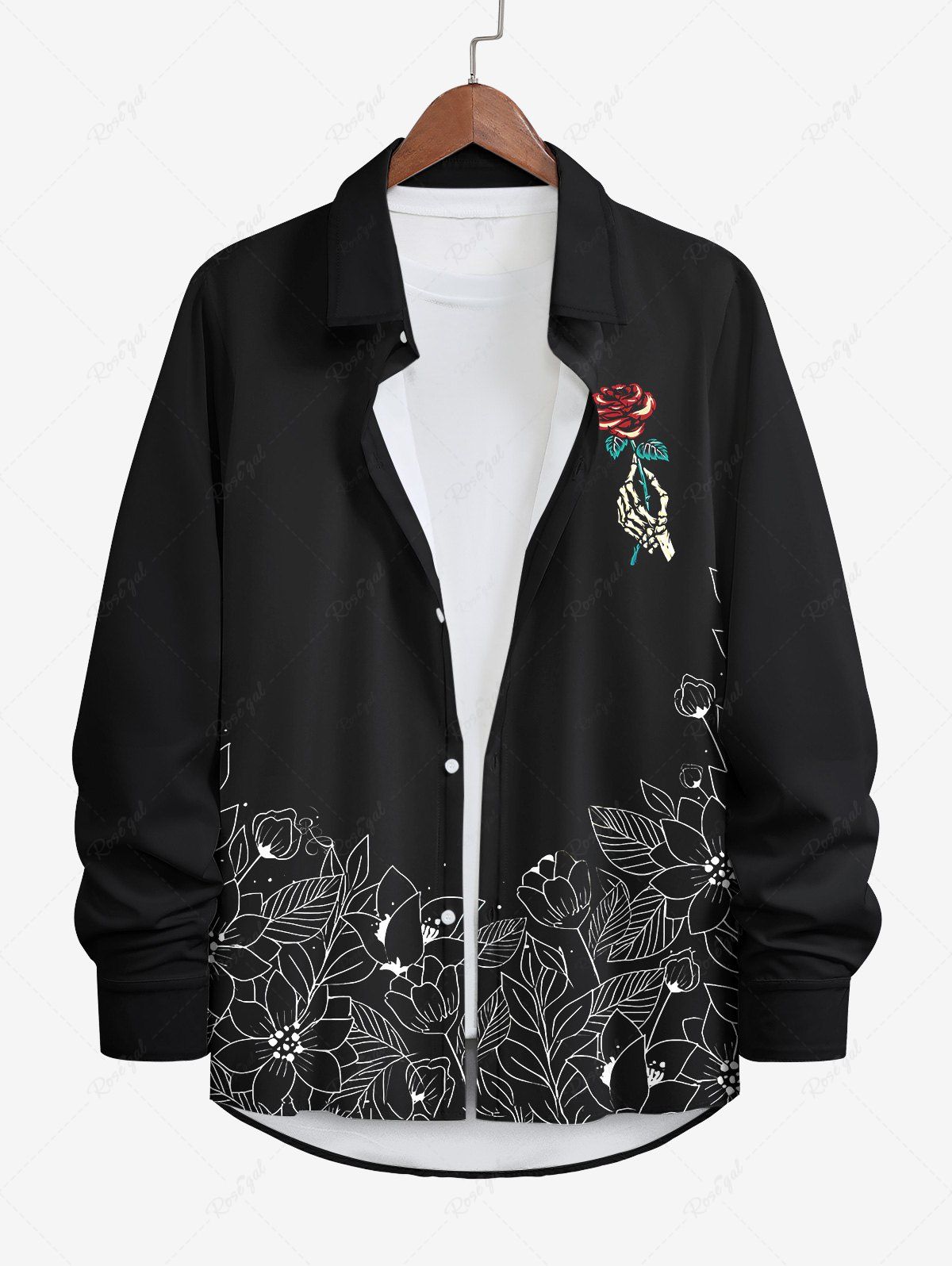 Fashion Plus Size Skeleton Hand Rose Flower Leaf Print Halloween Button Shirt For Men  