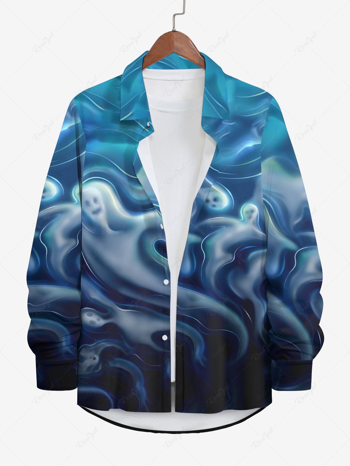 Cheap Plus Size Halloween Costume Ghost Ocean Print Buttons Long Sleeve Shirt For Men  