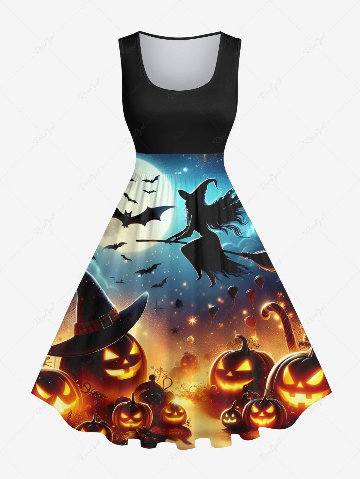 Robe D'Halloween Vintage Citrouille Chauve-souris Imprimés de Grande Taille Multi-A 6X