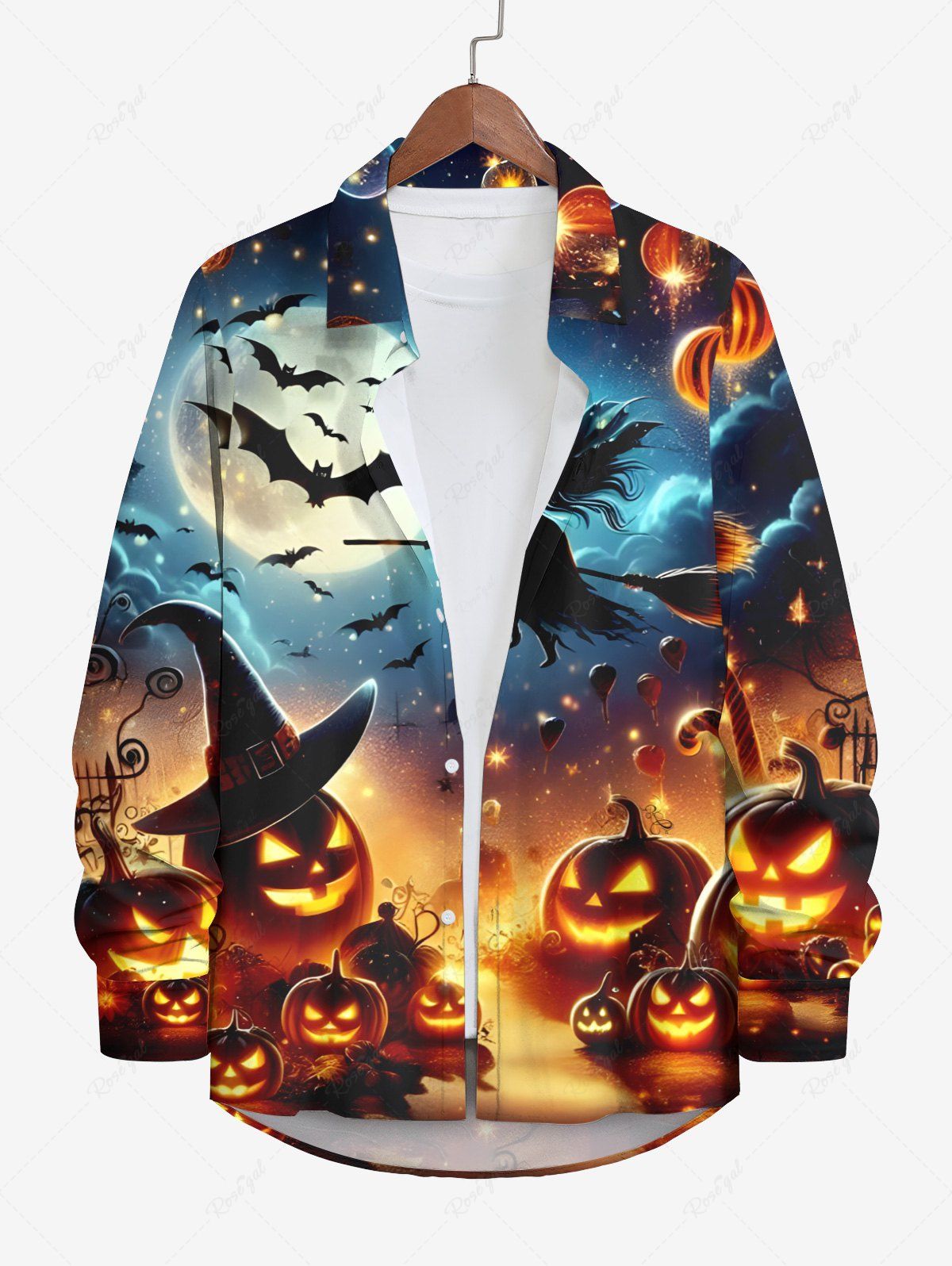 Outfit Plus Size Halloween Pumpkin Bat Moon Wizard Galaxy Print Buttons Long Sleeve Shirt For Men  