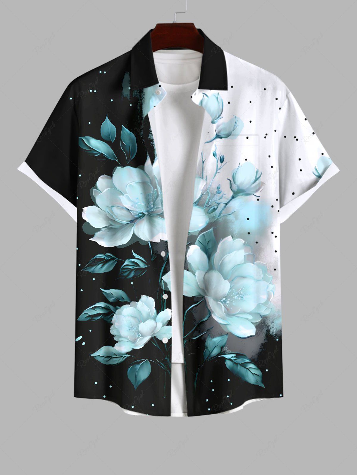 Shops Plus Size Flower Dots Colorblock Print Hawaii Button Pocket Shirt For Men  