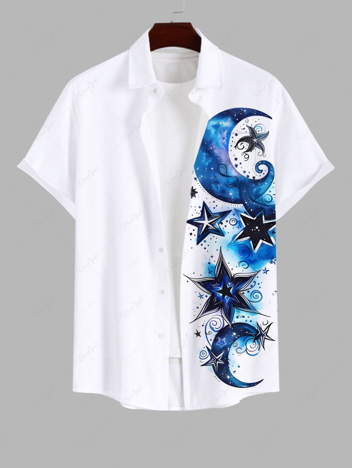 Online Plus Size Moon Star Curve Ombre Galaxy Print Hawaii Button Pocket Shirt For Men  