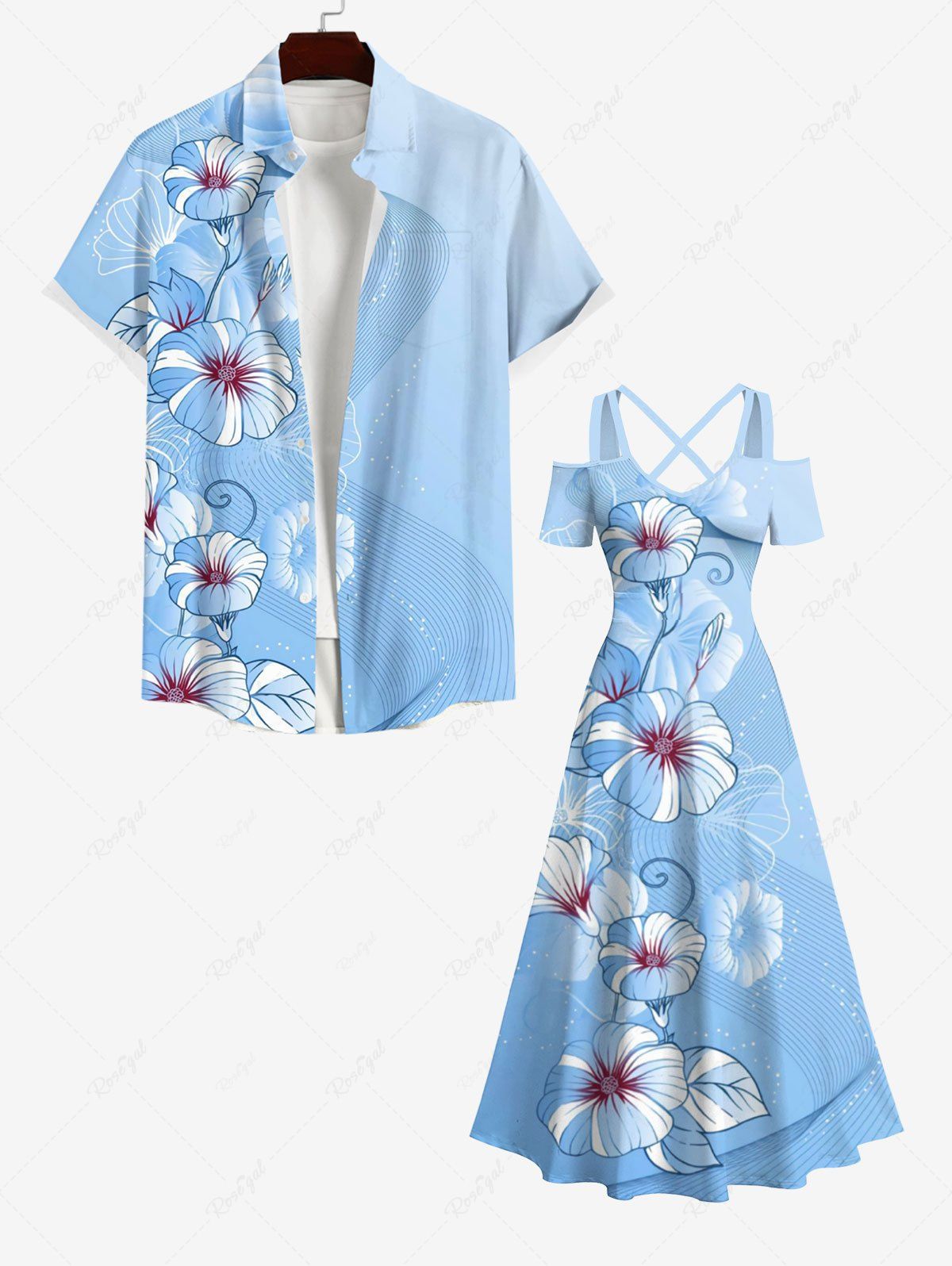 Discount Morning Glory Flower Curve Line Print Plus Size Matching Hawaii Beach Outfit For Couples  