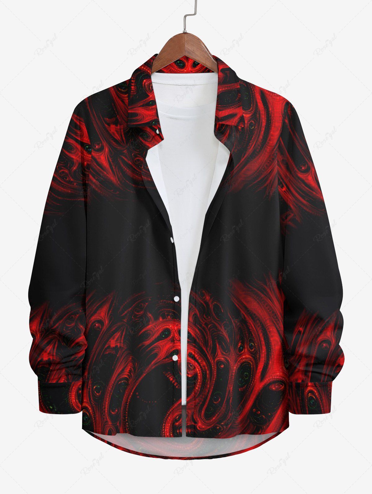 New Plus Size Halloween Ghost Fire Flame Print Buttons Long Sleeve Shirt For Men  