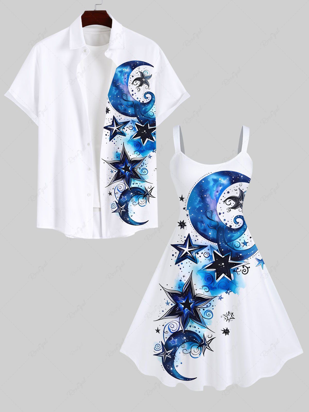 Tenue de Plage pour Couples en Dégradé de Couleurs à Imprimé Etoiles et Lune Grande-Taille Blanc 