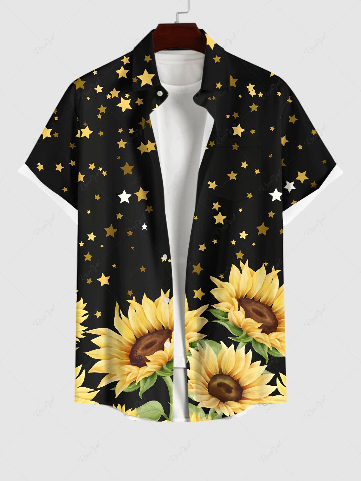 New Plus Size Sunflower Stars Print Hawaii Button Pocket Shirt For Men  