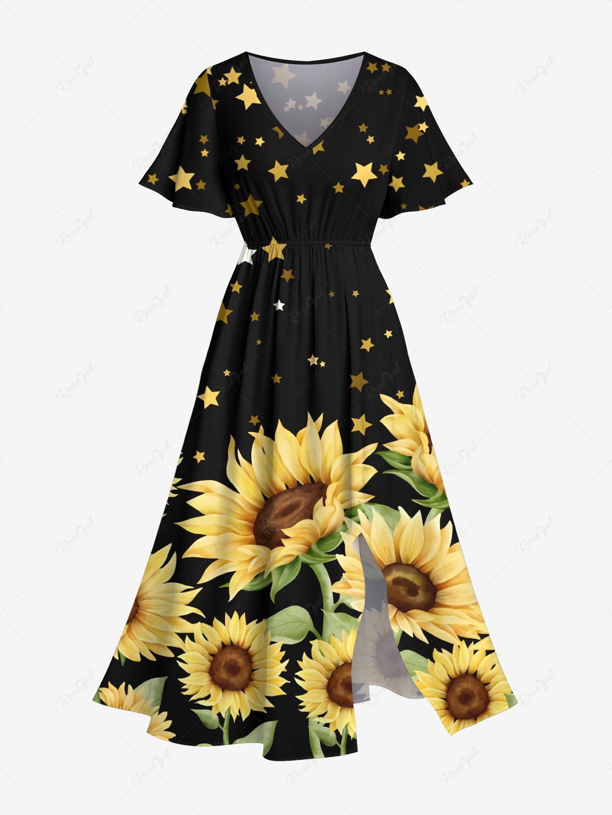 Robe Mi-Longue Hawaïen Ligne A Fendue Etoile et Tournesol Imprimés avec Poche de Grande Taille Noir 5X