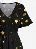 Robe Mi-Longue Hawaïen Ligne A Fendue Etoile et Tournesol Imprimés avec Poche de Grande Taille - Noir 5X