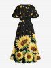 Robe Mi-Longue Hawaïen Ligne A Fendue Etoile et Tournesol Imprimés avec Poche de Grande Taille - Noir 5X