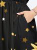 Robe Mi-Longue Hawaïen Ligne A Fendue Etoile et Tournesol Imprimés avec Poche de Grande Taille - Noir 5X