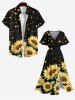 Robe Mi-Longue Hawaïen Ligne A Fendue Etoile et Tournesol Imprimés avec Poche de Grande Taille - Noir 5X
