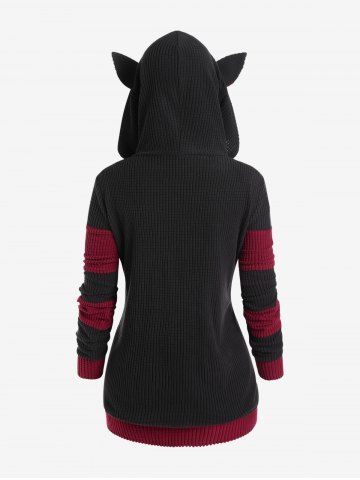 Plus Size Cat Ear Ribbed Colorblock Hooded Jacket