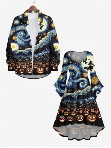 Halloween Costume Moon Pumpkin Wizard Ghost Star Oil Painting Print Plus Size Matching Outfit For Couples - BLACK