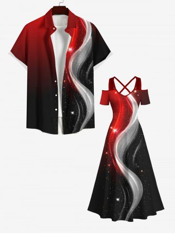 Galaxy Light Beam Colorblock Curve Glitter 3D Print Plus Size Matching Hawaii Beach Outfit For Couples - BLACK