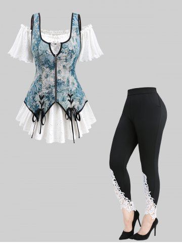 Lace Up Keyhole Buckle Flower Knit Jacquard Hollow Out 2 in 1 Blouse and Appliques Leggings Plus Size Outfit - BLUE