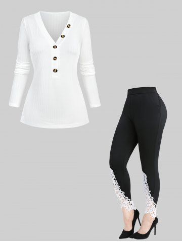 Button Knitted Ribbed Textured Top and Flowers Leaf Appliques Lace Pockets Leggings Plus Size Outfit - WHITE