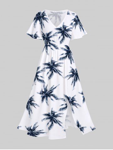 Plus Size Coconut Tree Print Split Hawaii Midi Dress - WHITE - L