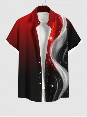 Plus Size Galaxy Light Beam Colorblock Curve Glitter 3D Print Buttons Pocket Hawaii Shirt For Men - BLACK - 3XL