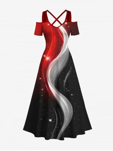 Plus Size Galaxy Light Beam Colorblock Curve Glitter 3D Print Cold Shoulder Crisscross Hawaii Maxi Dress - BLACK - M