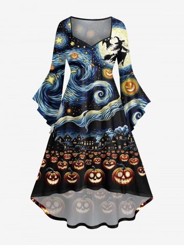 Plus Size Halloween Costume Moon Pumpkin Wizard Ghost Star Oil Painting Print Flare Sleeve High Low Dress - BLACK - 5X