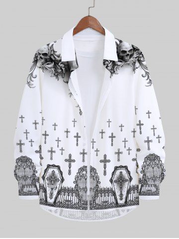 Plus Size Halloween Costume Skulls Cross Fence Print Buttons Long Sleeve Shirt For Men - WHITE - M