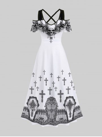 Plus Size Halloween Costume Skulls Cross Fence Print Cold Shoulder Crisscross Maxi Dress - WHITE - M