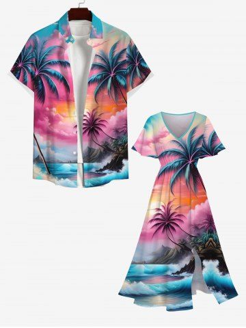 Coconut Tree Sea Waves Colorful Cloud Ombre Print Plus Size Matching Hawaii Beach Outfit For Couples - MULTI-A