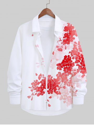 Plus Size Flower Branch Print Hawaii Ombre Buttons Shirt For Men - WHITE - M