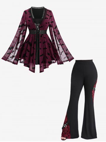 Halloween Costume Bat Star Mesh Flocking Lace Up Top and Floral Pocket Ribbed Flare Pants Plus Size Outfit