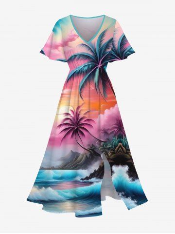 Plus Size Coconut Tree Sea Waves Colorful Cloud Ombre Print Split Hawaii Midi Dress - MULTI-A - XS