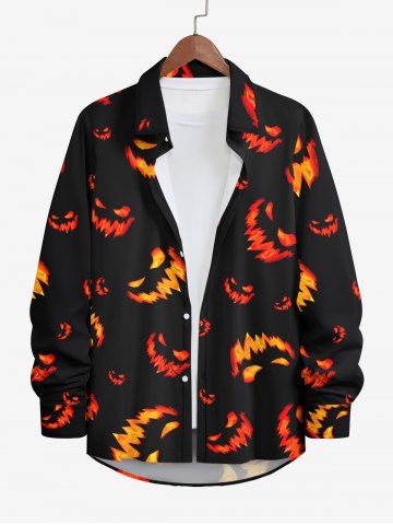 Chemise D'Halloween Feu de Citrouille et Lanterne Imprimées de Grande Taille avec Boutons