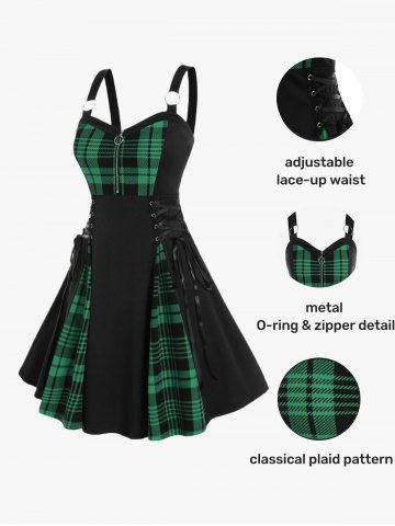 Gothic Plus Size Plaid Colorblock Print Lace Up Half Zipper Patchwork Fit and Flare Dress