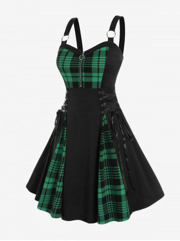 Plus Size Plaid Colorblock Print Lace Up Half Zipper Patchwork Fit and Flare Dress - GREEN - L | US 12