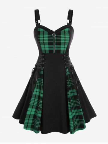 Gothic Plus Size Plaid Colorblock Print Lace Up Half Zipper Patchwork Fit and Flare Dress