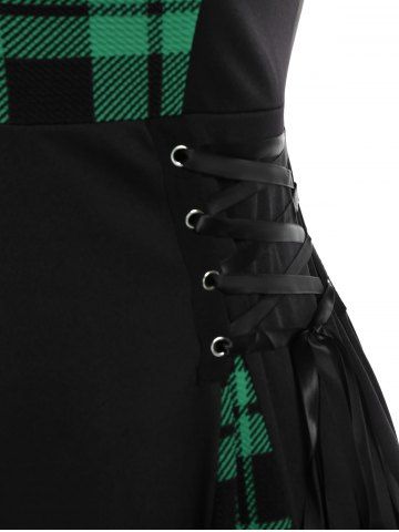 Gothic Plus Size Plaid Colorblock Print Lace Up Half Zipper Patchwork Fit and Flare Dress