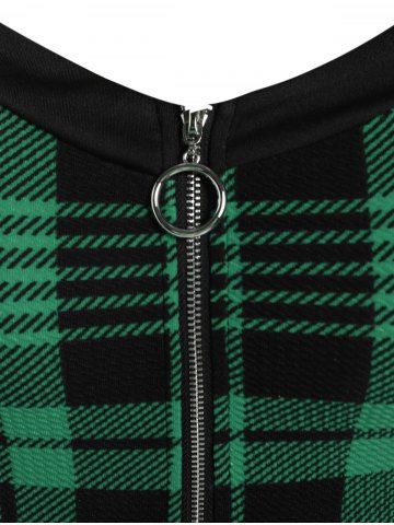 Gothic Plus Size Plaid Colorblock Print Lace Up Half Zipper Patchwork Fit and Flare Dress