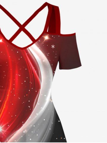 Plus Size Galaxy Light Beam Colorblock Curve Glitter 3D Print Cold Shoulder Crisscross Hawaii Maxi Dress