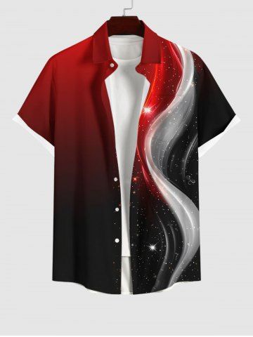 Plus Size Galaxy Light Beam Colorblock Curve Glitter 3D Print Buttons Pocket Hawaii Shirt For Men - BLACK - 6XL